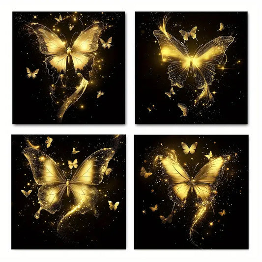4pcs Golden Butterfly With Sparkling Golden Wall Art Canvas Framed