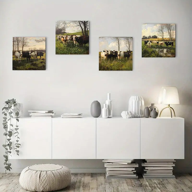 4pcs Cows On Pastur Elegant Modern Wall Art Canvas Framed