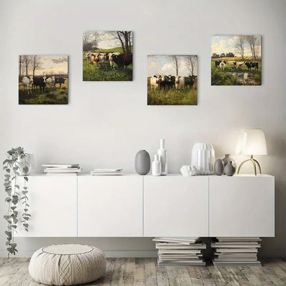4pcs Cows On Pastur Elegant Modern Wall Art Canvas Framed