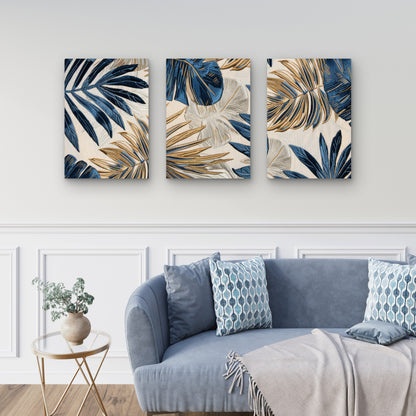 3pcs Blue And Gold Embroidered Tropical Palm Leaves Wall Art Set Canvas Framed 50x70cm- High Quality Print 100% Australian Made Wall Canvas Ready to Hang