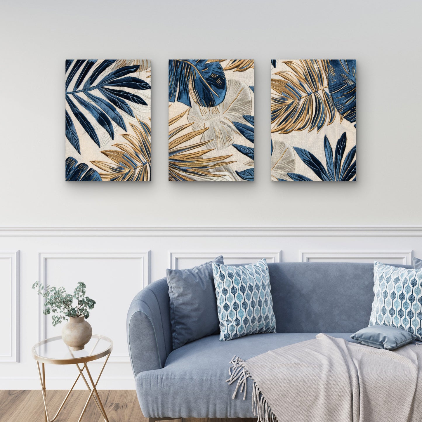 3pcs Blue And Gold Embroidered Tropical Palm Leaves Wall Art Set Canvas Framed 60x90cm- High Quality Print 100% Australian Made Wall Canvas Ready to Hang
