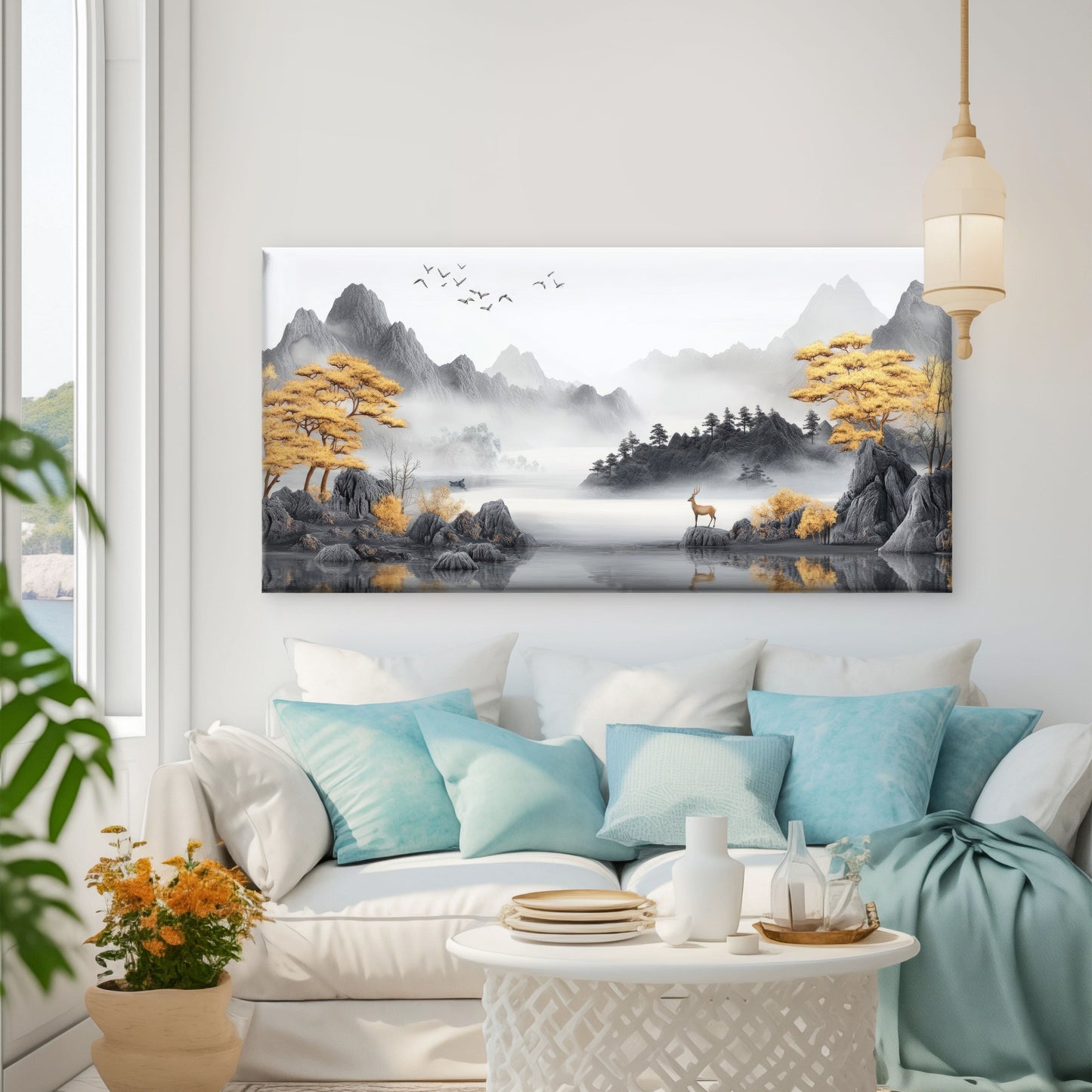 Misty Mountain Autumn Deer View Wall Art Canvas Office Home Room Framed 120x60cm