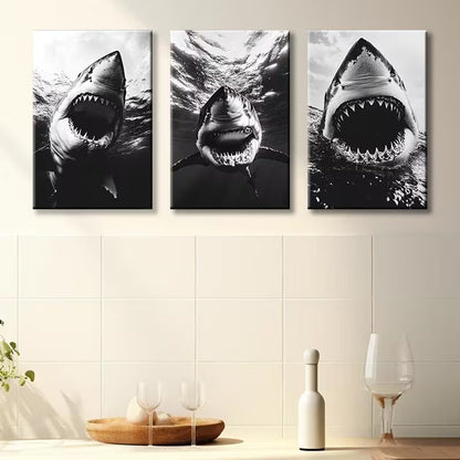 3pcs Great White Shark Illustration Wall Art Set Canvas Framed 40x60cm - High Quality Print 100% Australian Made Wall Canvas Ready to Hang