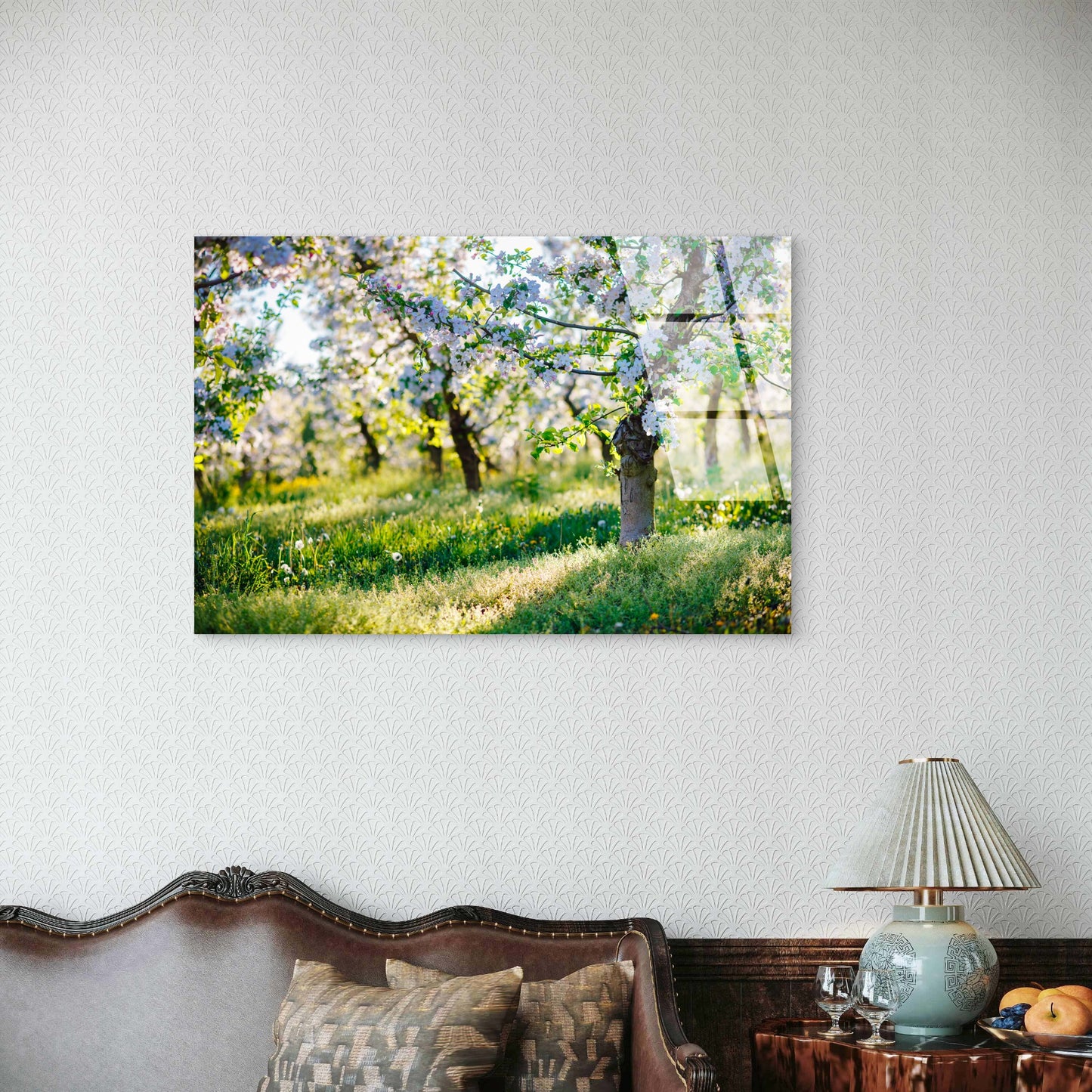 White Cherry Blossom Sunny Meadow   Acrylic Glass Printing Wall Art Australian Made Quality
