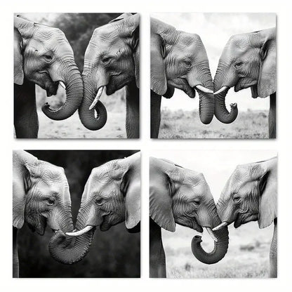 4pcs Black And White Elephant Family Bonding Wall Art Canvas Framed