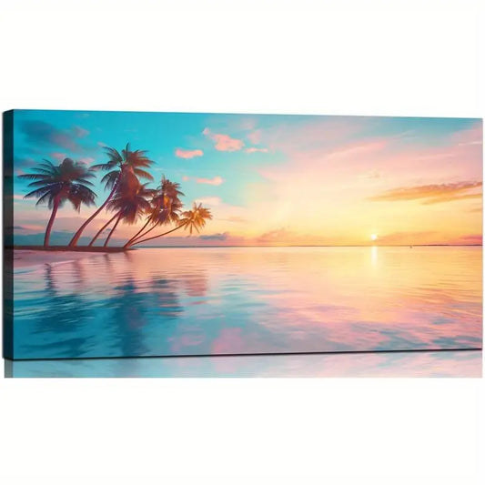 Beach Vintage Decor Ocean Trees Sunset Wall Art canvas office home room framed 120x60cm