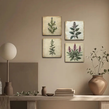 4pcs Green Leaves & Purple Flowers Wall Art Canvas Framed