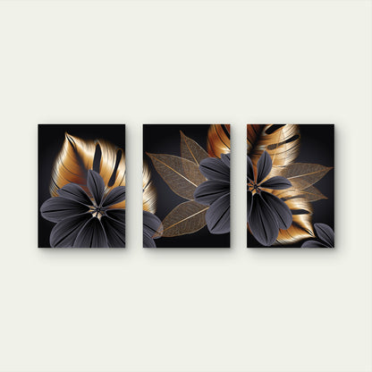 3pcs Gold Black Botanical Tropical Leaf Wall Art Set Canvas Framed 40x60cm - High Quality Print 100% Australian Made Wall Canvas Ready to Hang