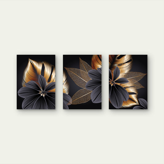 3pcs Gold Black Botanical Tropical Leaf Wall Art Set Canvas Framed 50x70cm - High Quality Print 100% Australian Made Wall Canvas Ready to Hang