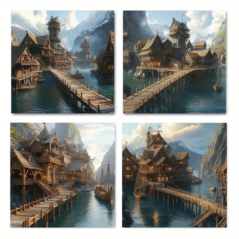 4pcsGouchai Mountain village Magical knockof Wall Art Canvas Framed