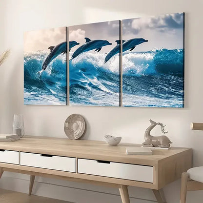 3pcs Modern Style Ocean Wave Dolphin Animal Landscape Art Wall Art Set Canvas Unframed - High Quality Print 100% Australian Made Wall Canvas