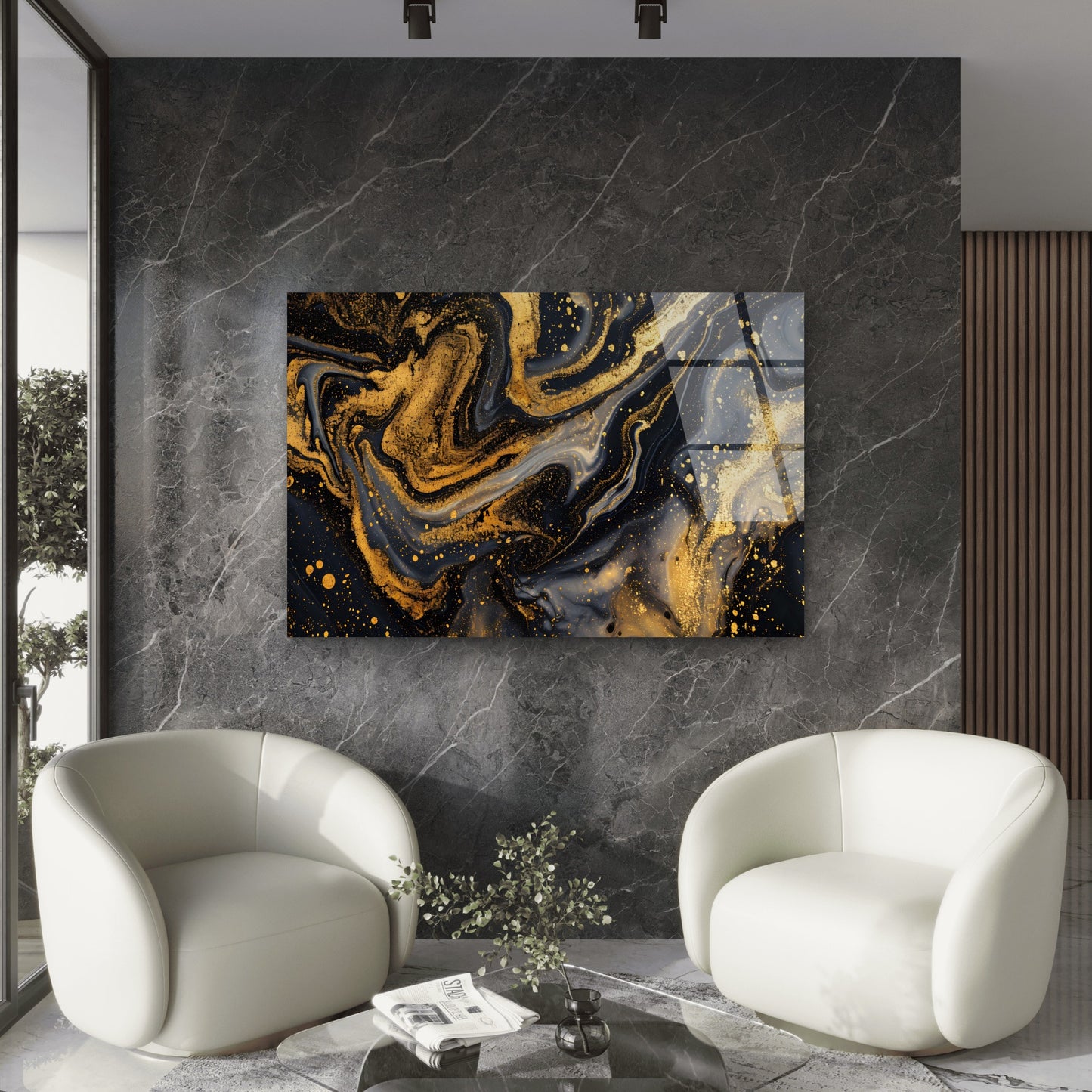 Abstract Black Gold Marble Liquid Swirl Acrylic Glass Printing Wall Art Australian Made Quality