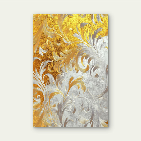 Gold Silver Damask Acanthus Scroll Pattern 40x60cm Metal Print Ready to Hang