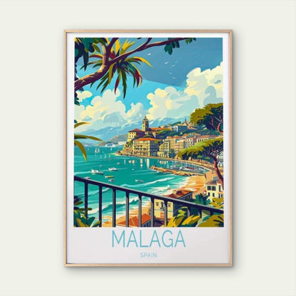 Malaga Spain Beach, Trees & Houses Art Travel Poster Print Wall Art - Bella Home Decor