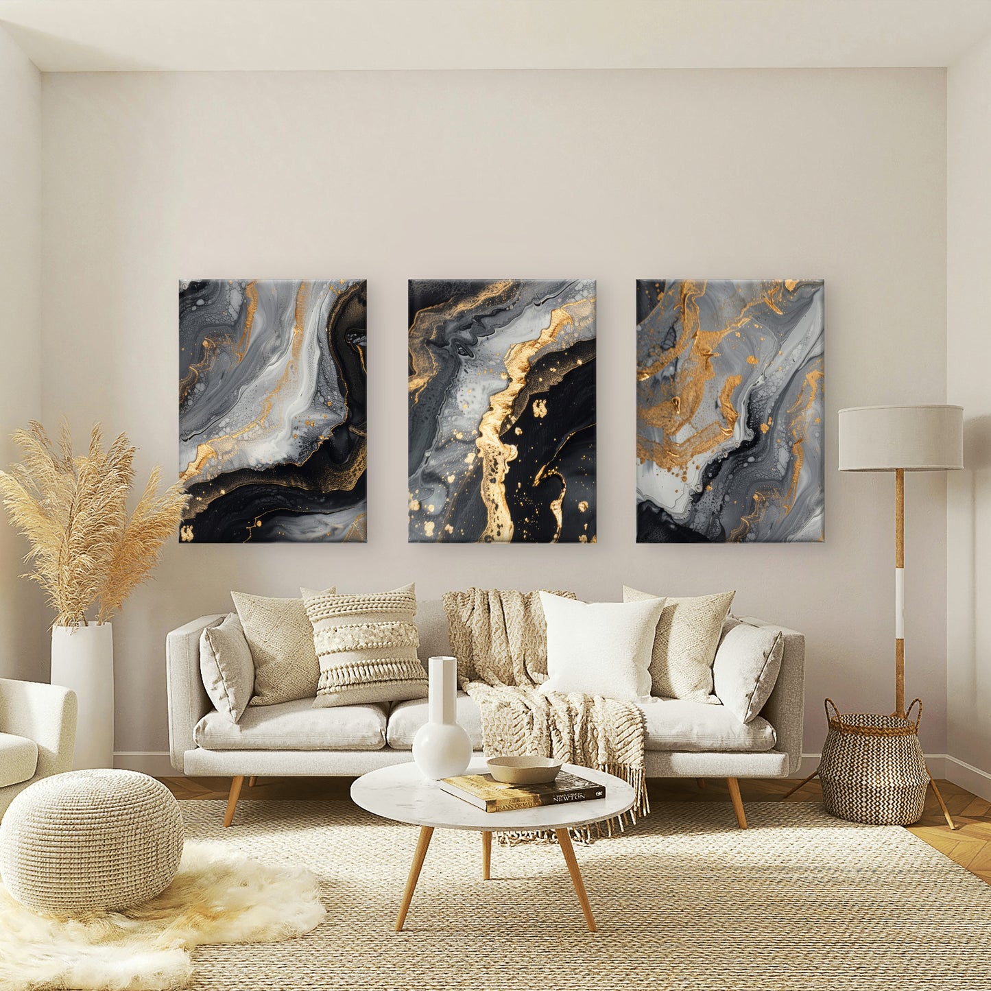 3pcs Abstract Black Grey Gold Marble Fluid  Wall Art Set Canvas Framed 40x60cm - High Quality Print 100% Australian Made Wall Canvas Ready to Hang
