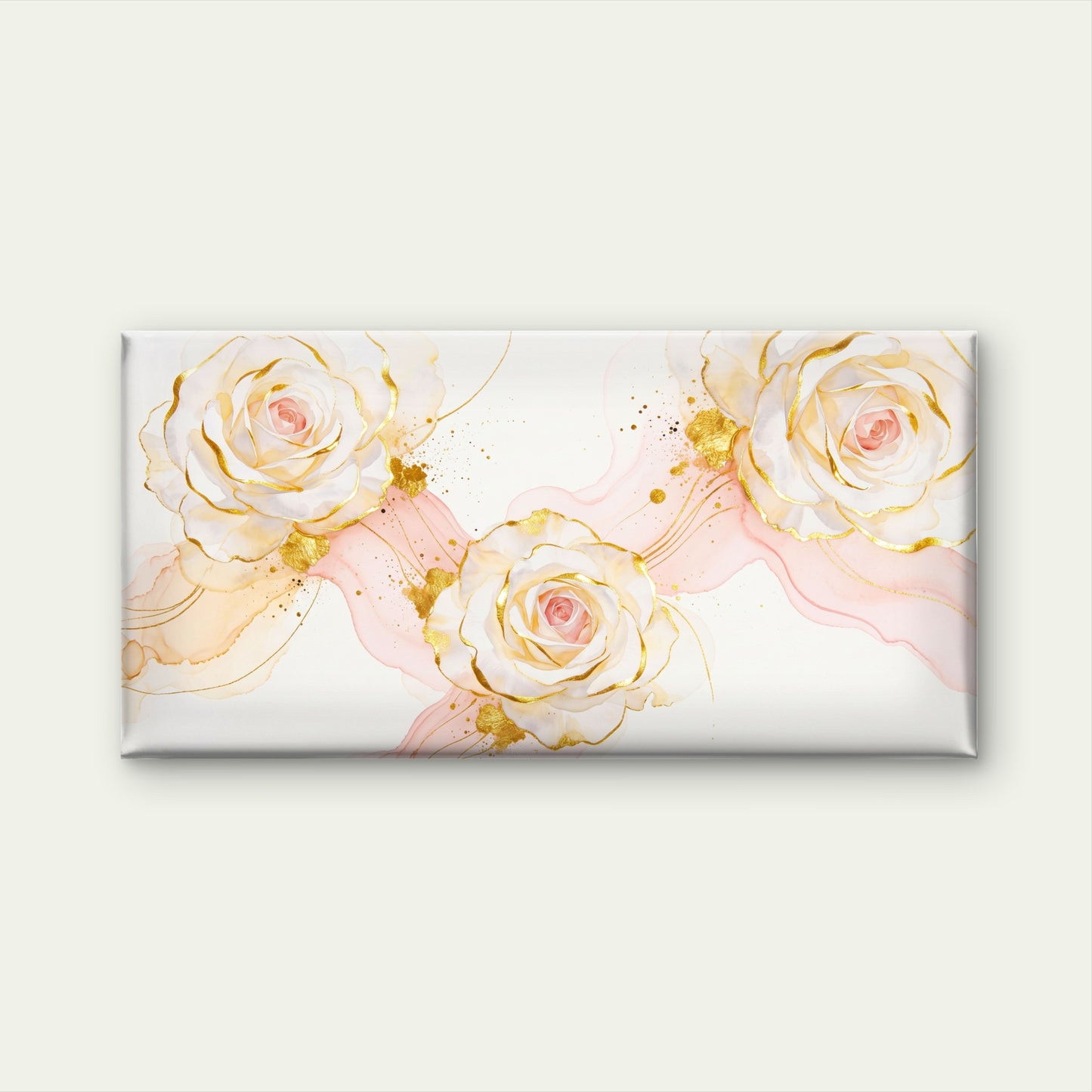 Elegant White Gold Roses Watercolor Blush Pink Wall Art Canvas Office Home Room Framed 120x60cm