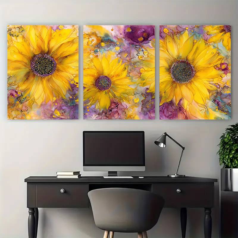 3pcs Seamless Sunflowers in The Breeze Metal Print Ready to Hang Art