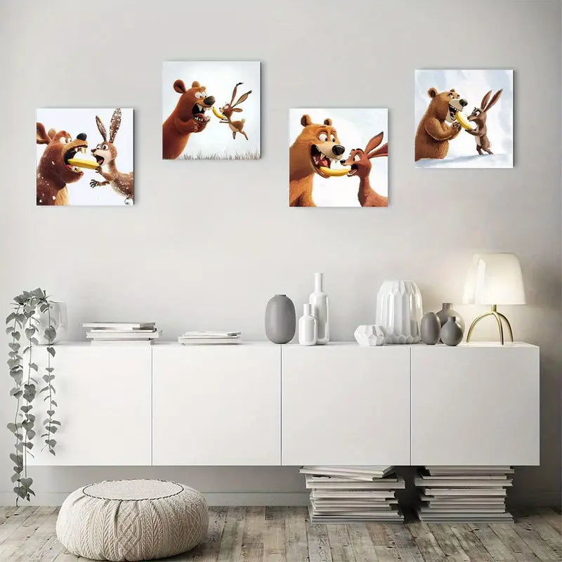 4pcs Brown Bear & Wood Deer Fashion  Wall Art Canvas Framed