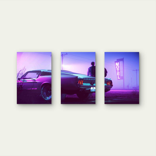 3pcs Muscle Car Neon Motel Synthwave Cinematic Metal Print Ready to Hang Art
