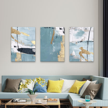 3pcs Teal Gold Blue Abstract Foil Painting   Wall Art Set Canvas Framed 60x90cm - High Quality Print 100% Australian Made Wall Canvas Ready to Hang