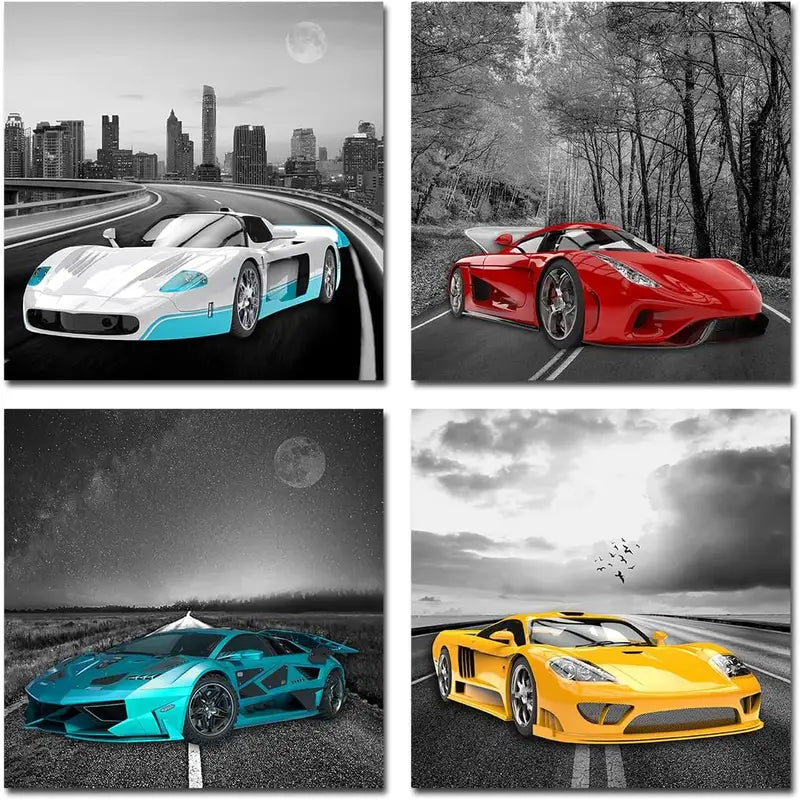 4pcs Teenage Boys And Car Enthusiasts   Wall Art Canvas Framed