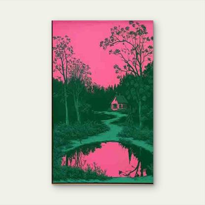 Forest Cabin Lake View 60x90cm Metal Print Ready to Hang