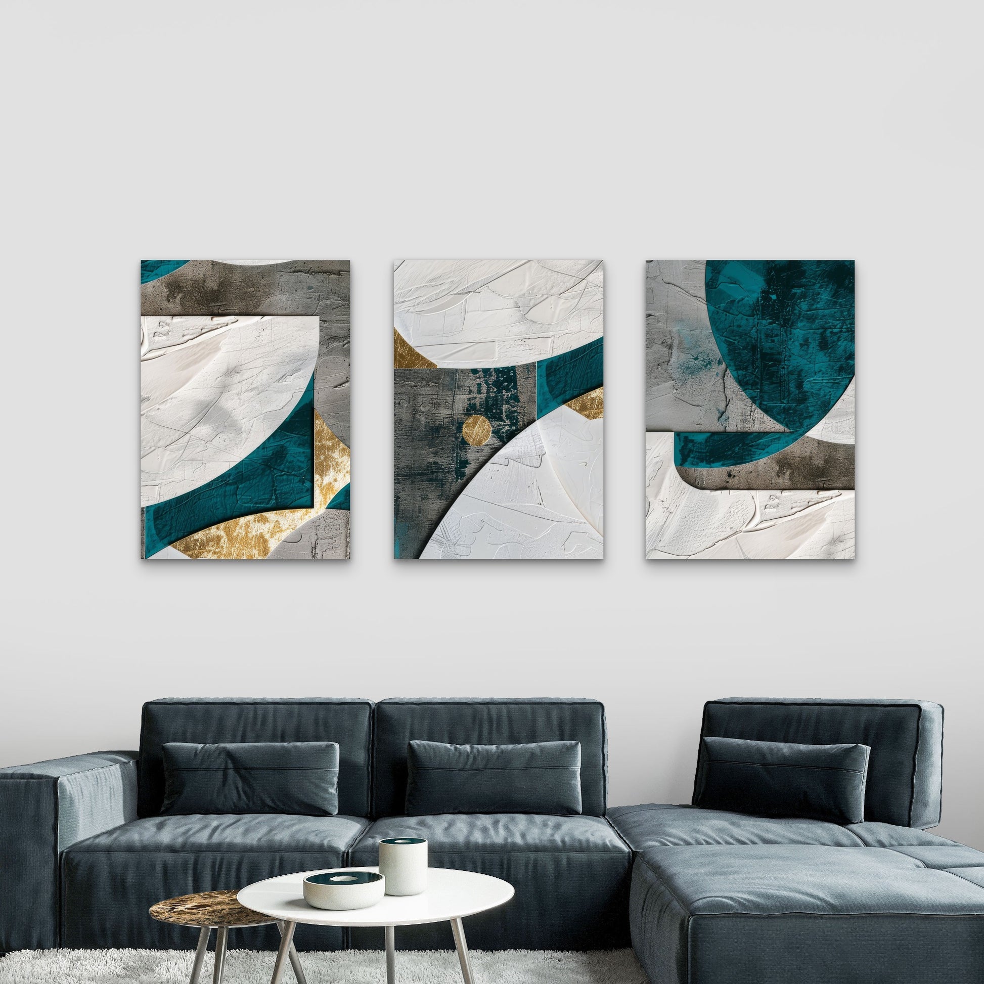 3pcs Modern Abstract Teal Grey Gold Wall Art Set Canvas Framed 50x70cm - High Quality Print 100% Australian Made Wall Canvas Ready to Hang