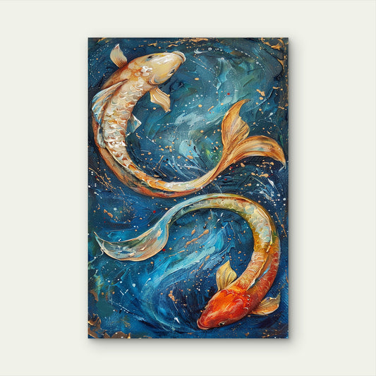 Golden Koi Fish Blue Abstract Art 40x60cm Metal Print Ready to Hang