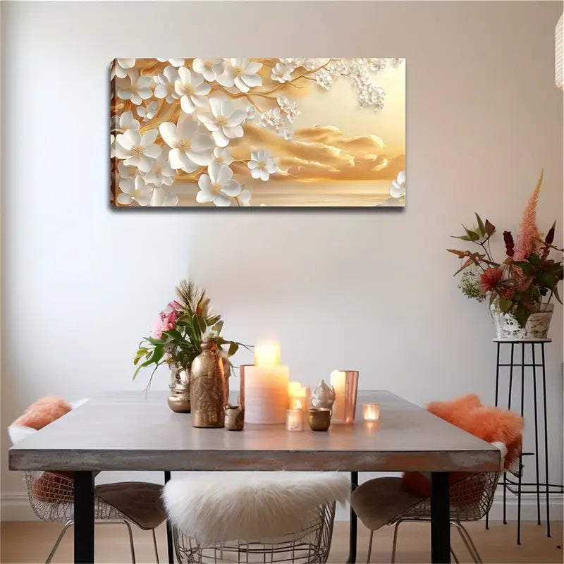 White Flowers Branches Wall Art Canvas Office Home Room Framed 120x60cm - Bella Home Decor