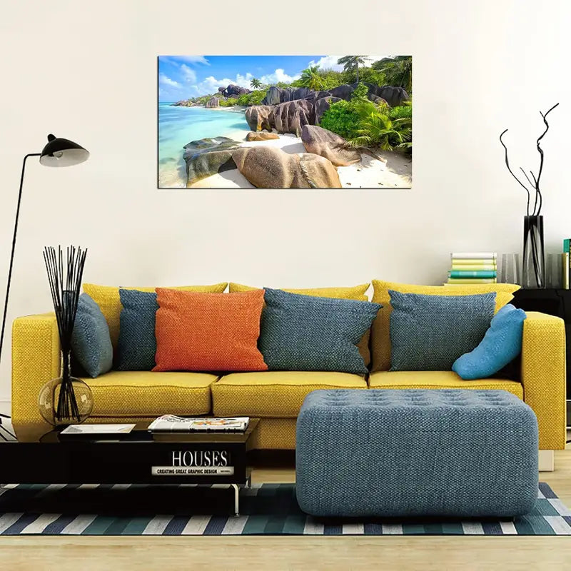Beach Tropical Coconut Trees Sandy Shore Turquoise Waters & Lush Greenery Wall Art canvas office home room framed 120x60cm - Bella Home Decor