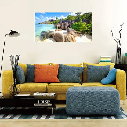 Beach Tropical Coconut Trees Sandy Shore Turquoise Waters & Lush Greenery Wall Art canvas office home room framed 120x60cm - Bella Home Decor