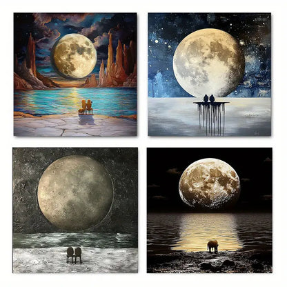 4pcs Animal Resting Elephant Look Moon Black Wall Art Canvas Framed