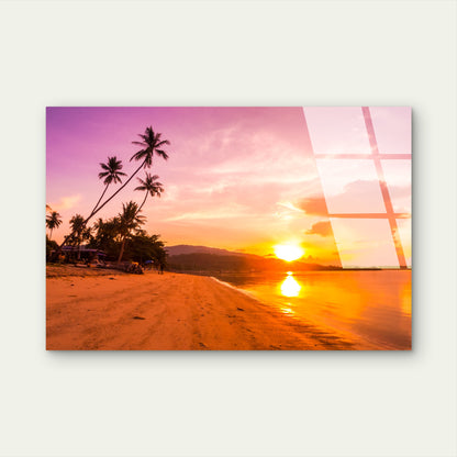 Beach Purple Golden Sunset Palm Acrylic Glass Printing Wall Art Australian Made Quality