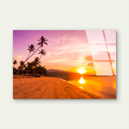 Beach Purple Golden Sunset Palm Acrylic Glass Printing Wall Art Australian Made Quality