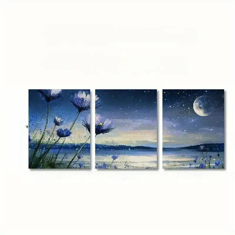 3pcs Flower And Moon Canvas Painting Metal Print Ready to Hang Art