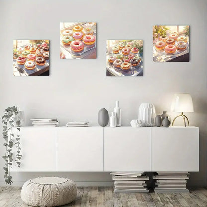 4pcs Vibrant Doughnut Decor With Colorful Frosti Wall Art Canvas Framed - Bella Home Decor