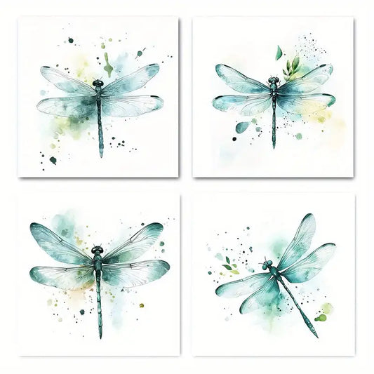 4pcs Blue & Green Dragonflies on Leafy Wall Art Canvas Framed