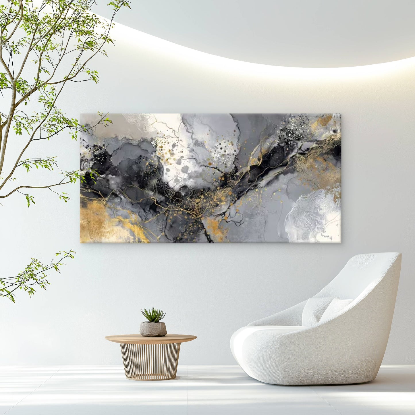 Gray Gold Abstract Waves Wall Art Canvas Office Home Room Framed 120x60cm