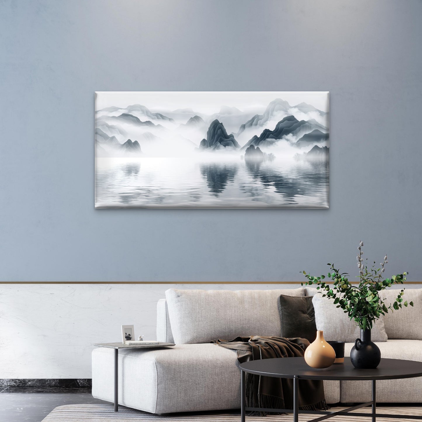 Modern Misty Shanshui Mountains Wall Art Canvas Office Home Framed 120x60cm