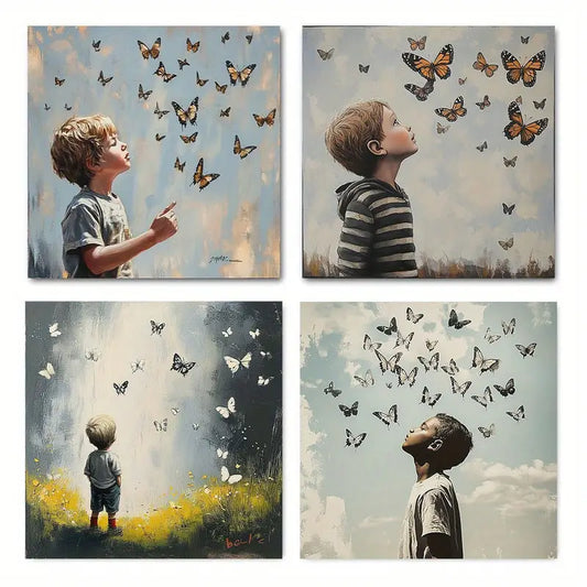 4pcs Graffiti Boy & Butterflies Wall Art Canvas Framed
