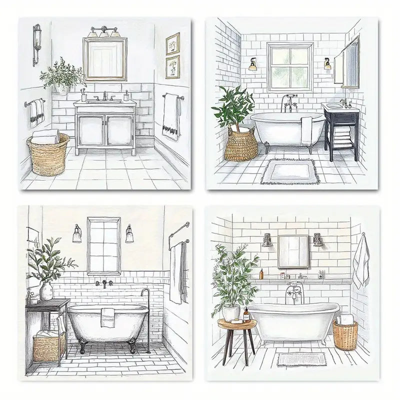 4pcs Neutral Gray Bath Decor Wall Art Canvas Framed