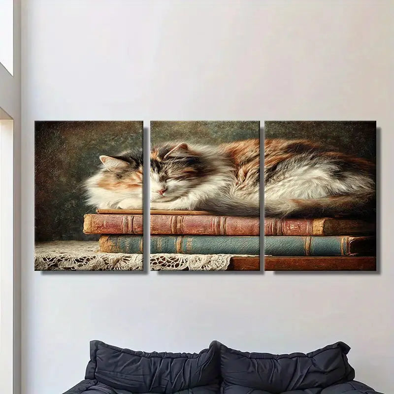 3pcs  Cozy Fluffy Calico Cat Metal Print Ready to Hang Art - Bella Home Decor