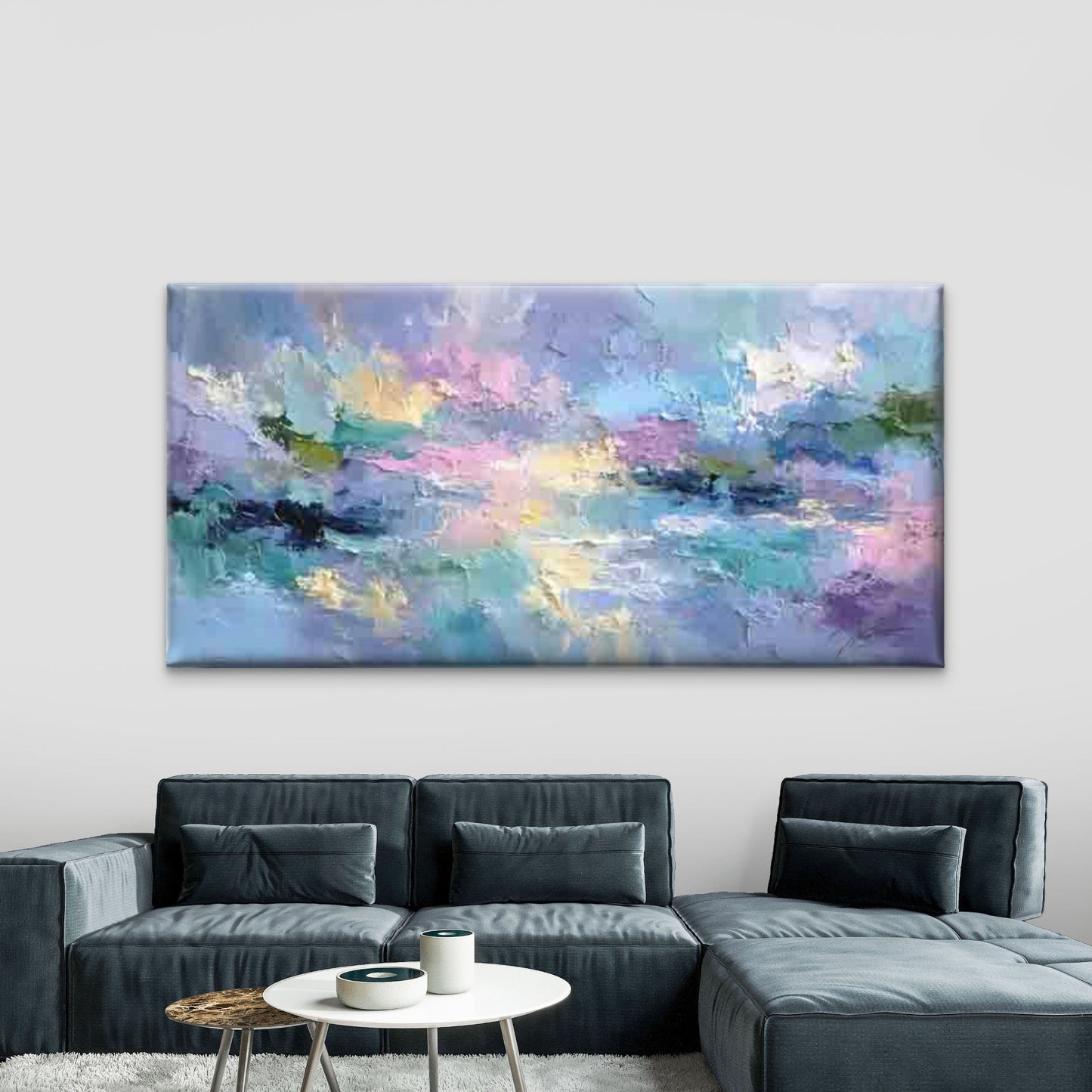 Pastel Pink & Blue Abstract Wall Art Canvas Office Home Room Framed 120x60cm