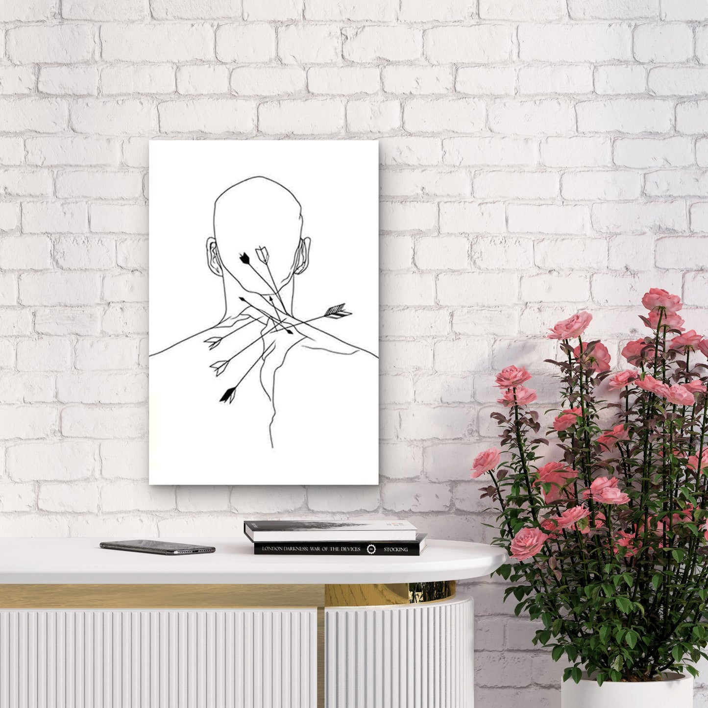 Black & White Arrows Piercing Back Minimalist Line Art 60x90cm Metal Print Ready to Hang - Bella Home Decor