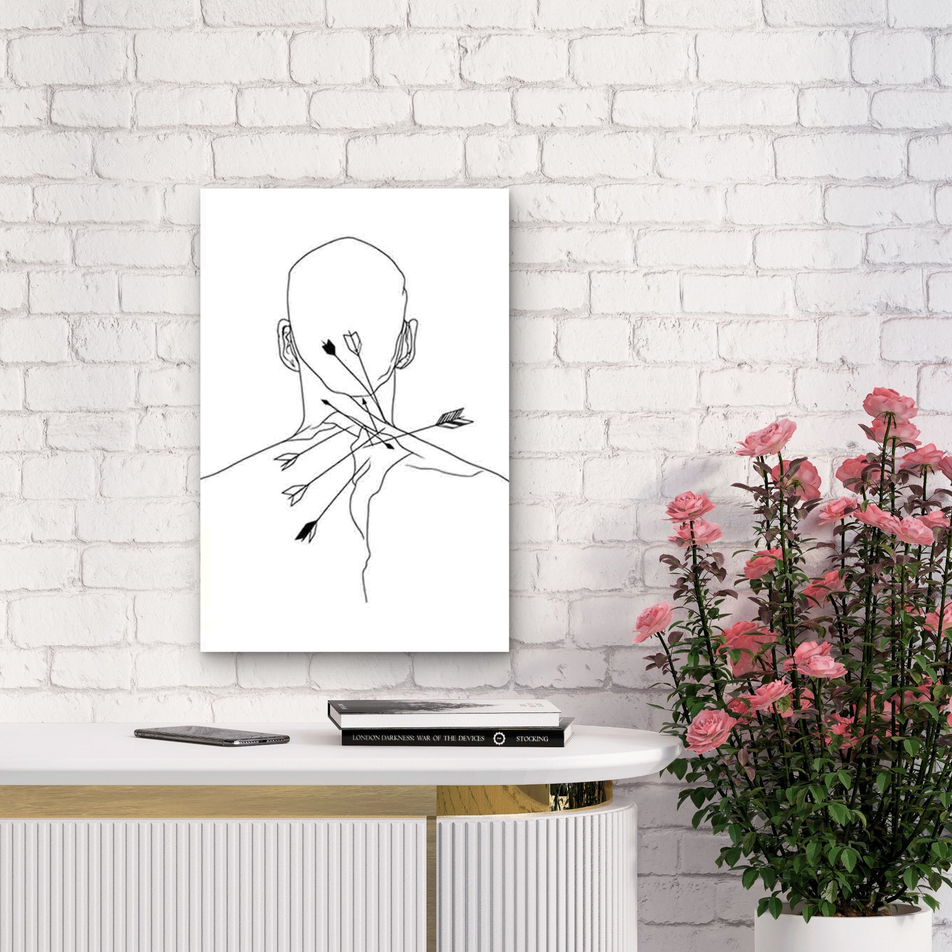 Black & White Arrows Piercing Back Minimalist Line Art 60x90cm Metal Print Ready to Hang - Bella Home Decor