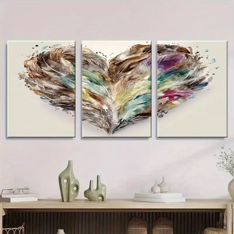 3pcs Elegant Feather Heart Painting in Beige,Brown,Metal Print Ready to Hang Art