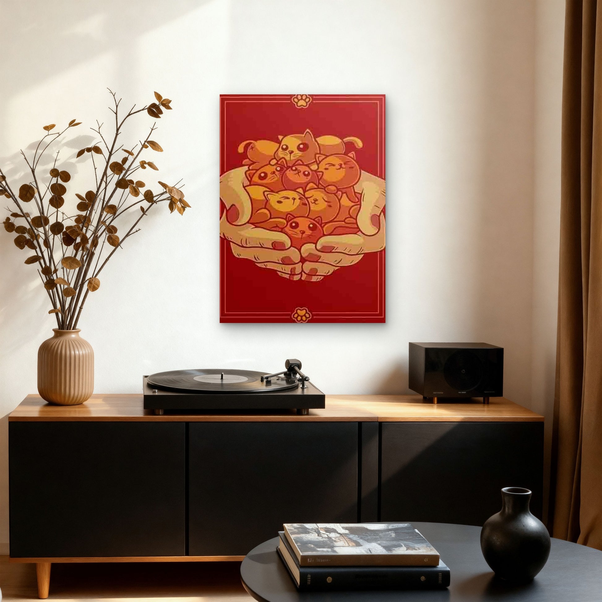 Red Background with Cute Kittens in Hands 60x90cm Metal Print Ready to Hang - Bella Home Decor