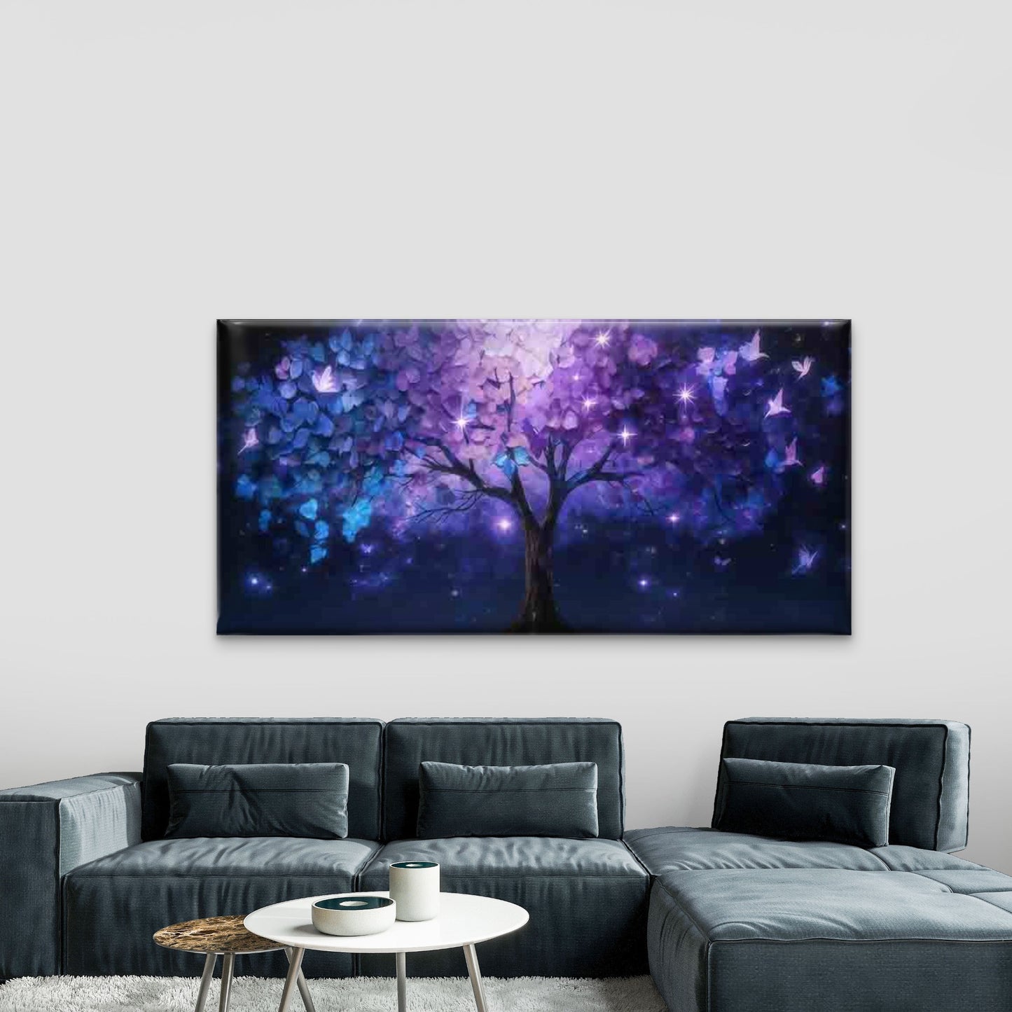 Purple Tree And Butterfly Night Wall Art Canvas Office Home Room Framed 120x60cm - Bella Home Decor