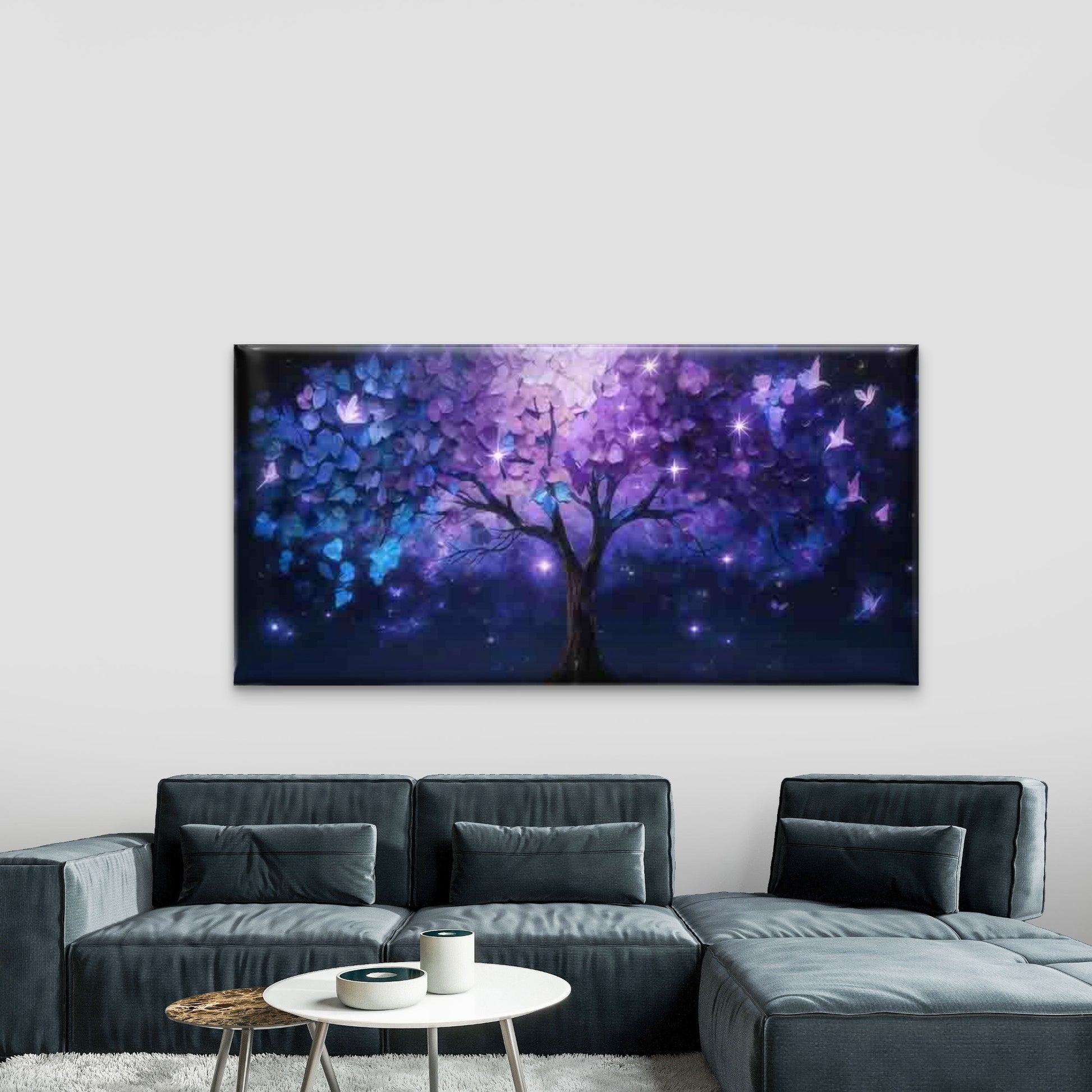 Purple Tree And Butterfly Night Wall Art Canvas Office Home Room Framed 120x60cm - Bella Home Decor