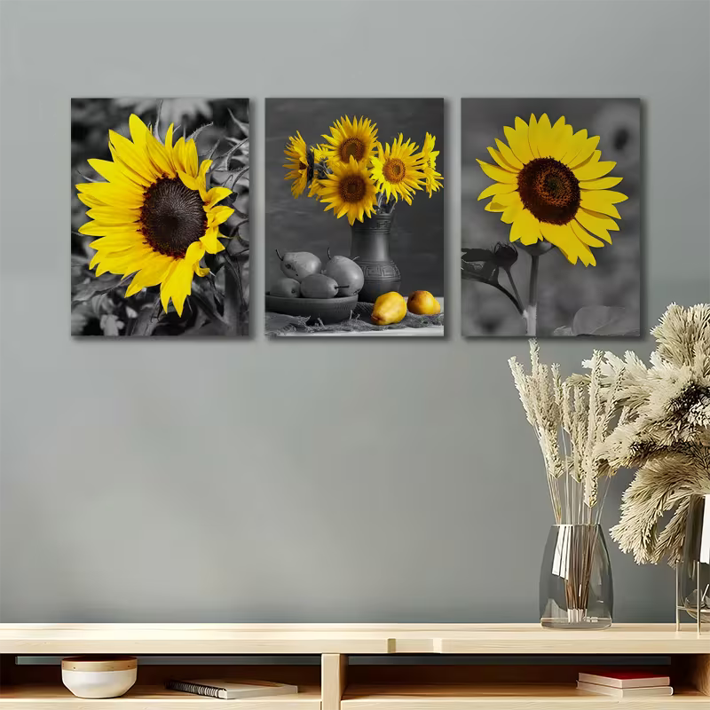 3pcs Sunflower Yellow Floral Painting Wall Art Set Canvas Framed 40x60cm - High Quality Print 100% Australian Made Wall Canvas Ready to Hang